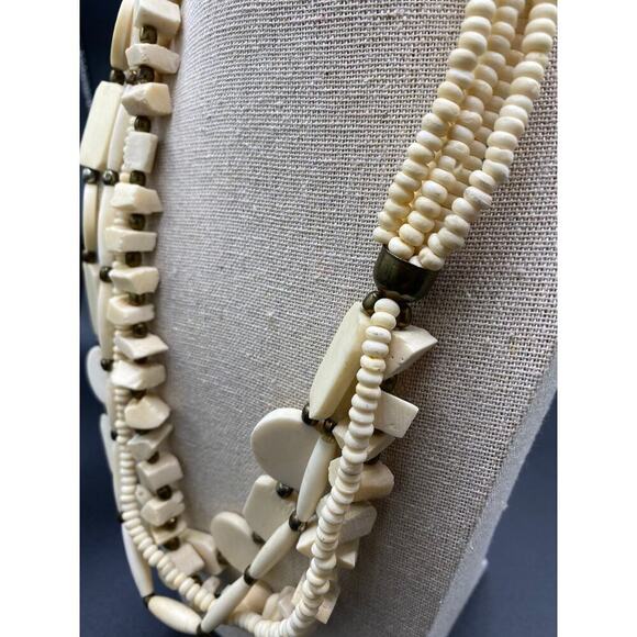 Vintage Bone Multi-strand Necklace Matching Pierced Earrings Individual Beads - Picture 6 of 8